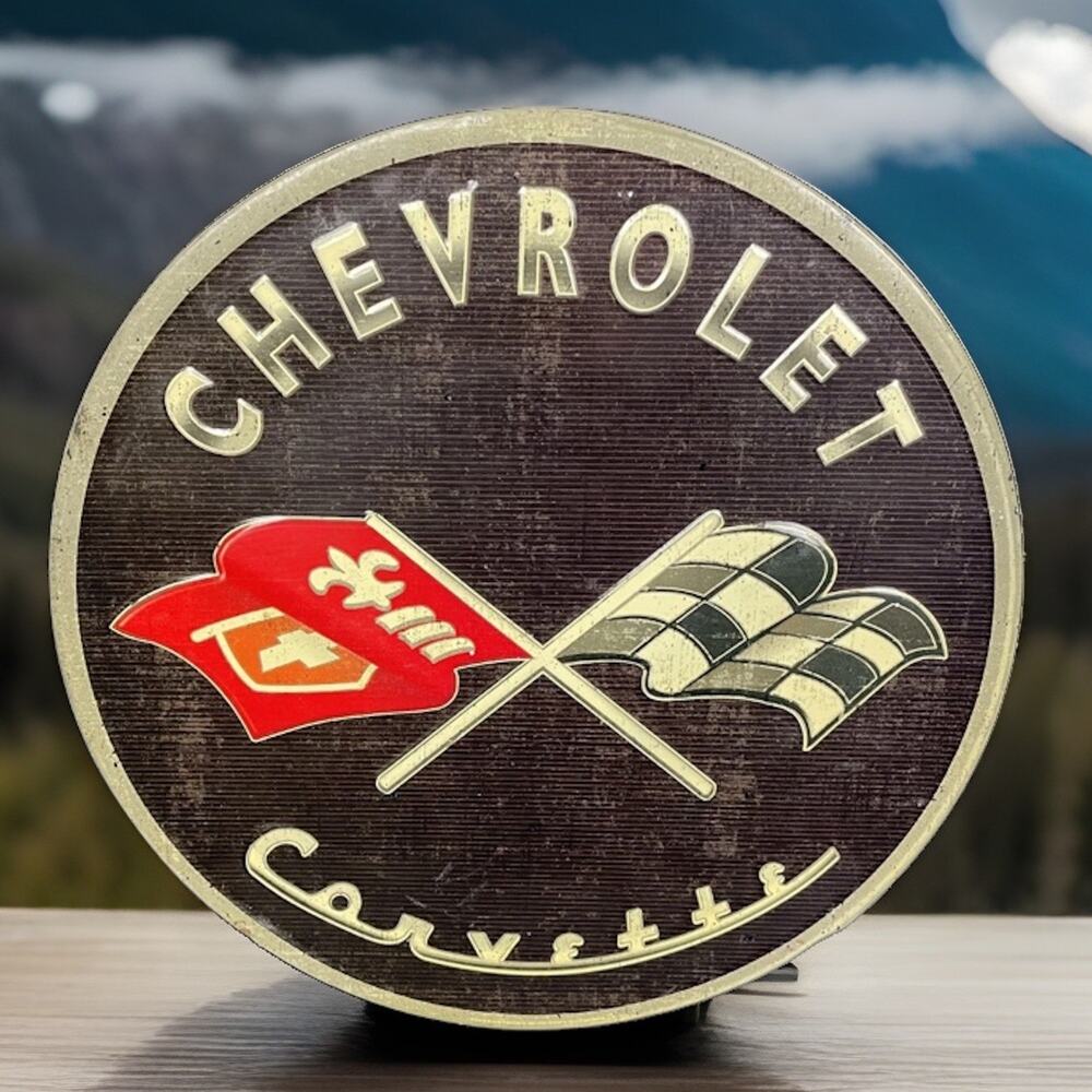 Chevy Corvette Round Metal Sign 12" GM Licensed Garage Man Cave Decor Great Cond